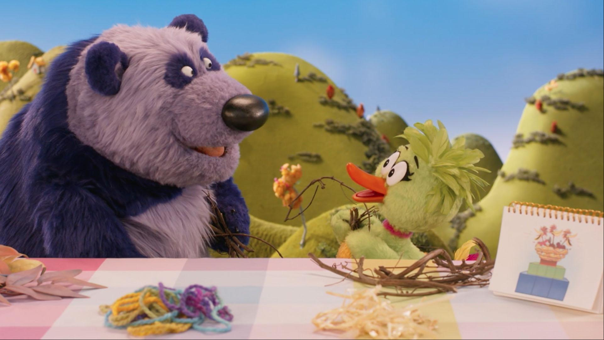 Duck Duck and Panda take their time building the Yodel Bird rest nest.