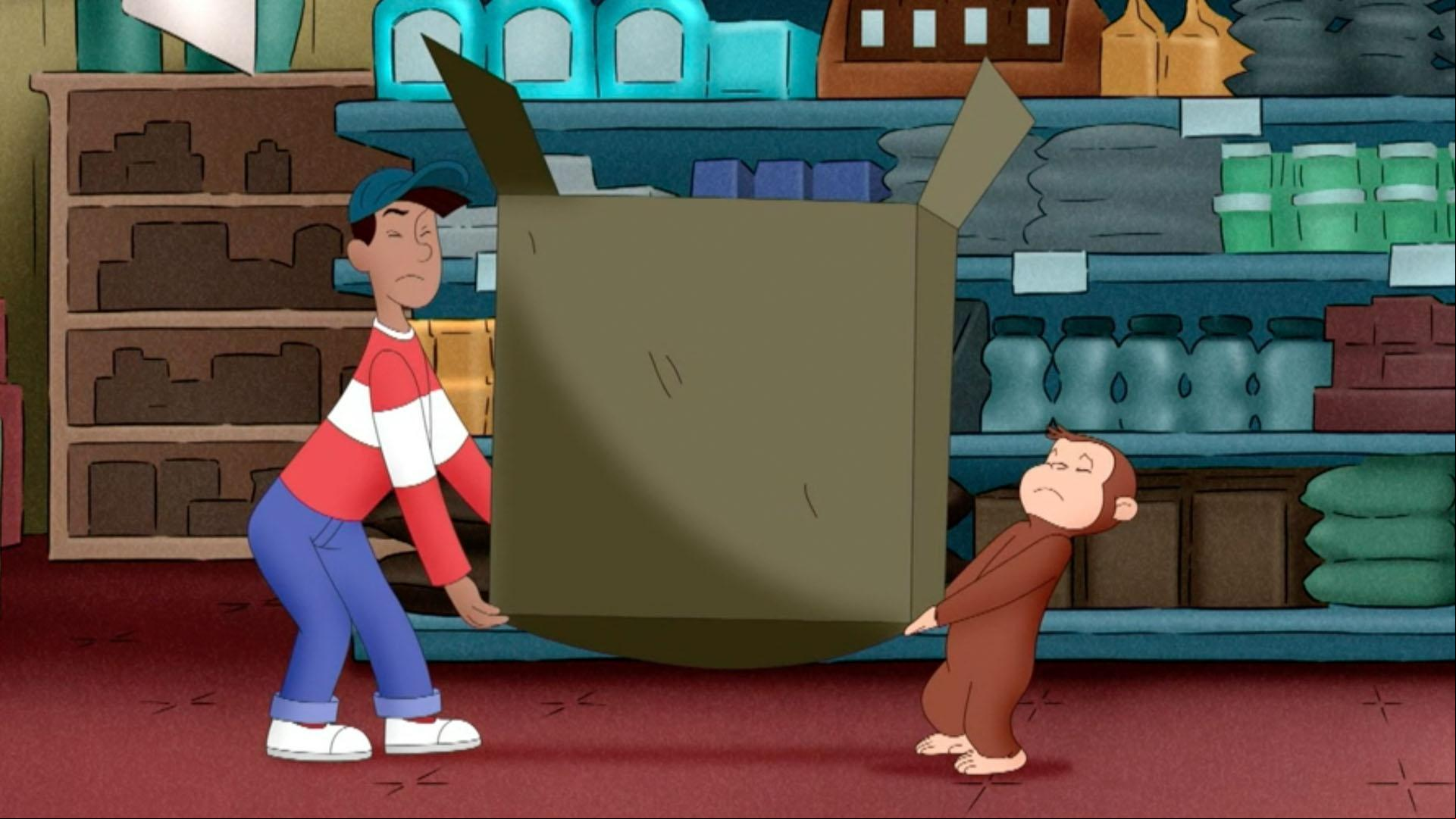 The new dinosaur skeleton is missing a leg! / George gets a mysterious large unmarked box.